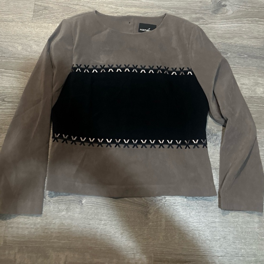 Attitude Positive Women's Taupe Black Embroidered Long Sleeve Top Shirt Size 14